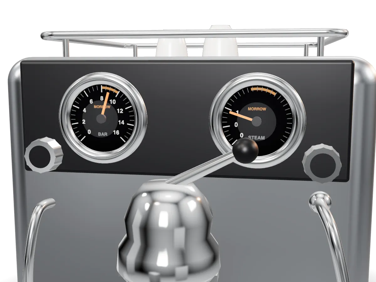 Close-up of the two front gauges: brew pressure on the left reading nine bar, steam pressure on the right