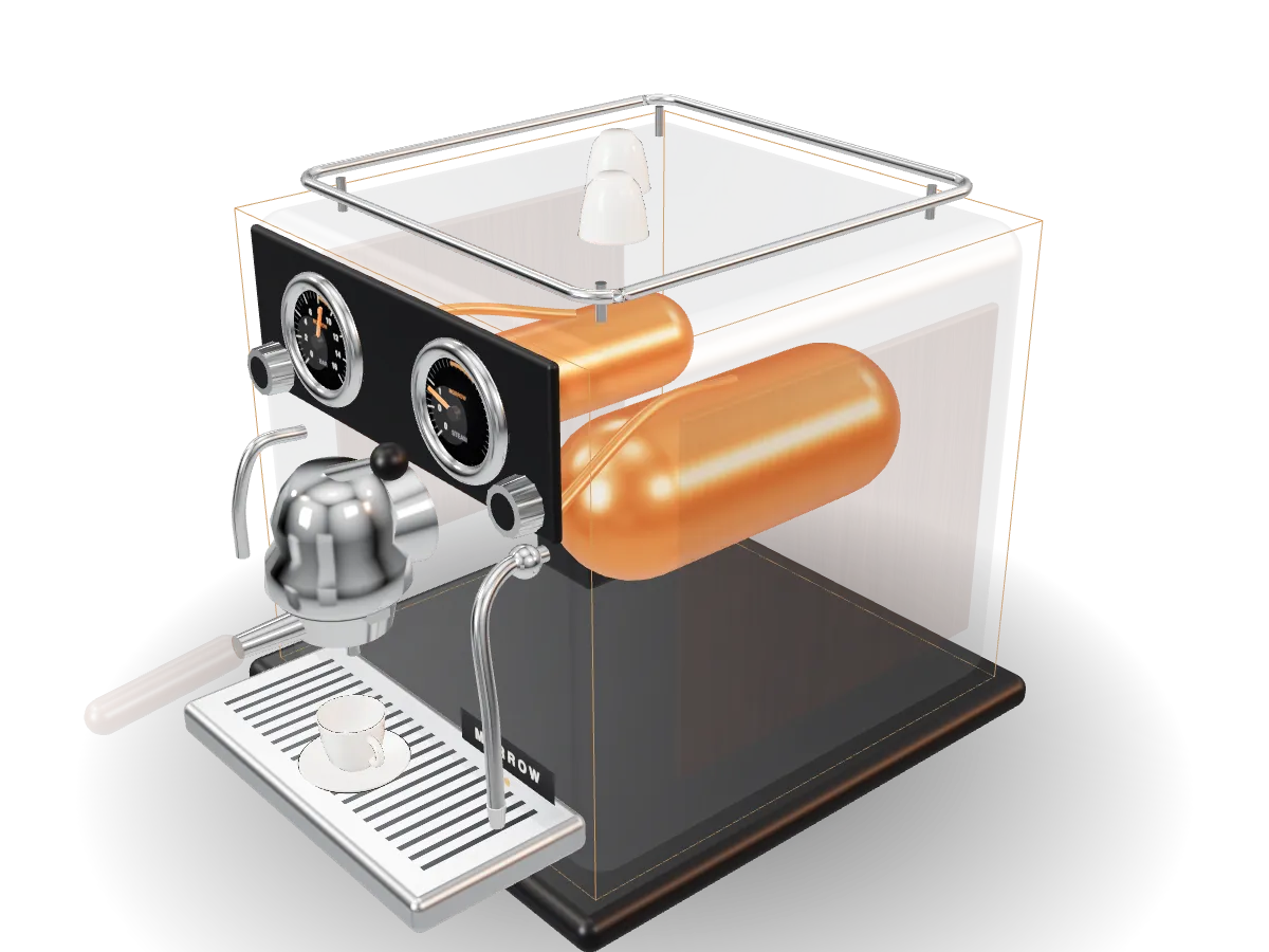 X-ray view of the Morrow One: the steel shell drawn as an outline around two copper-coloured boilers