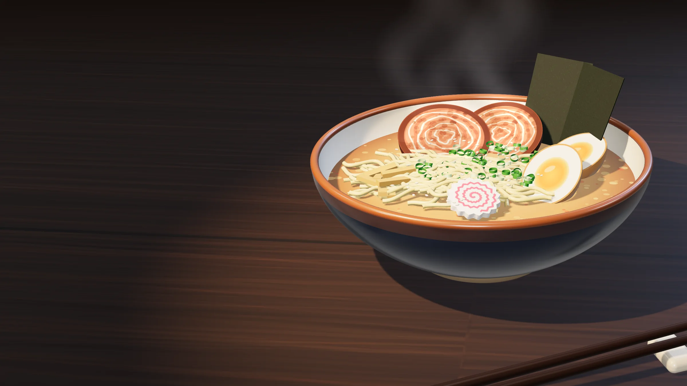A steaming bowl of tonkotsu ramen in an indigo bowl with chashu pork, a jammy soy egg, nori, naruto and scallions on a dark wooden counter